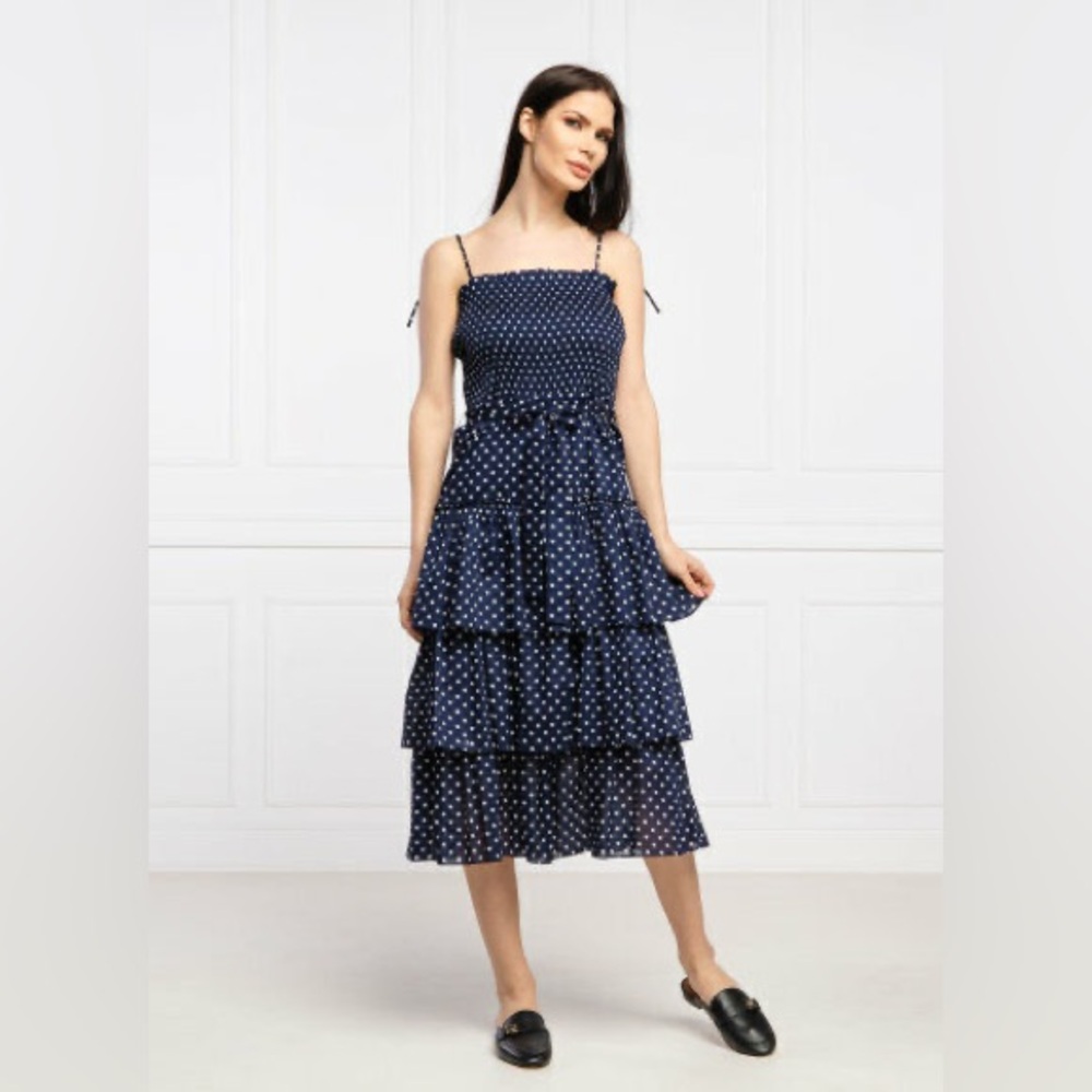 NWT Tory Burch Printed Ruffle Dress Polka Dot Smocked Midi Navy White